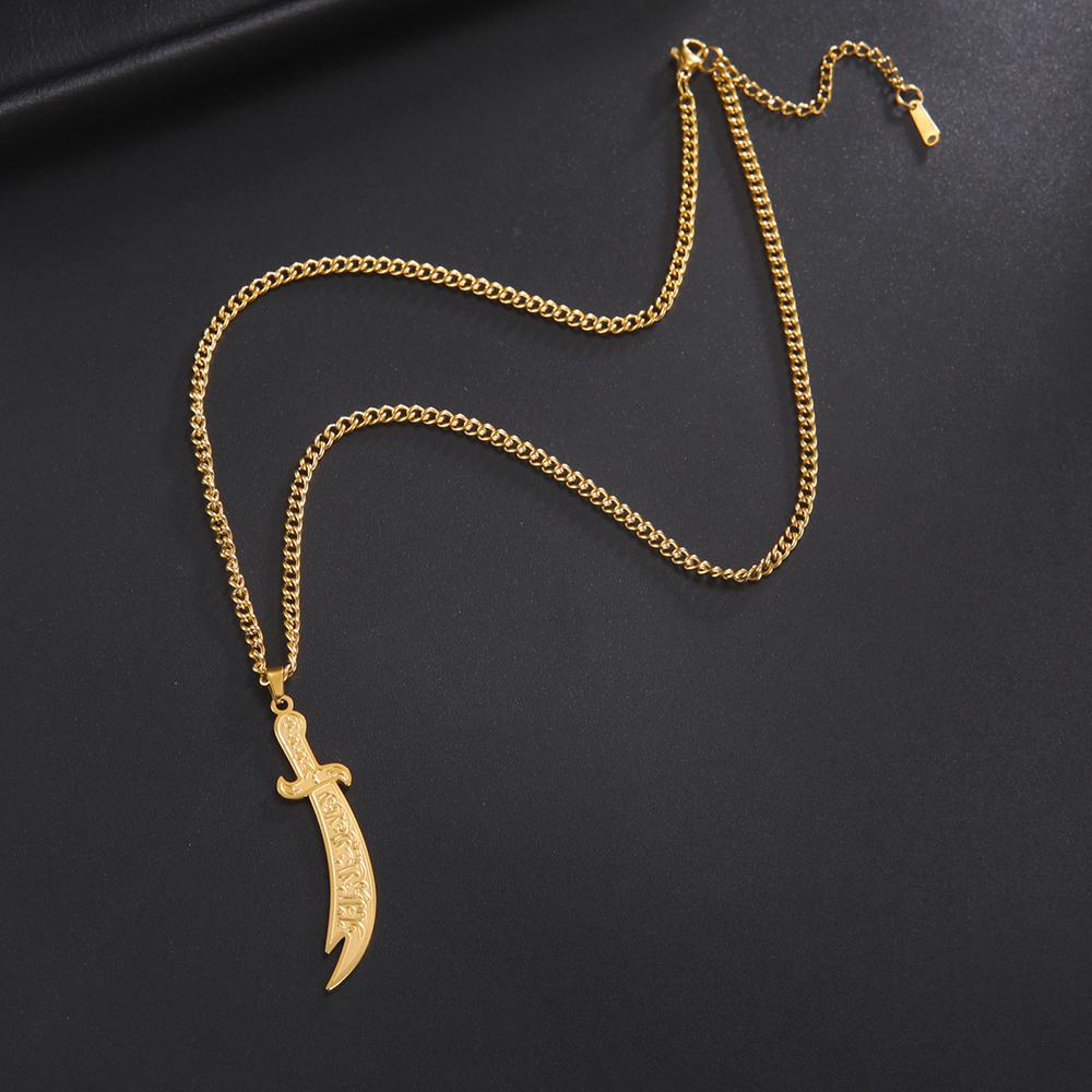 Dawapara  Imam Ali Zulfiqar Sword Necklace Muslim Islamic Necklace Arabic Calligraphy Pendant Stainless Steel Men Jewelry