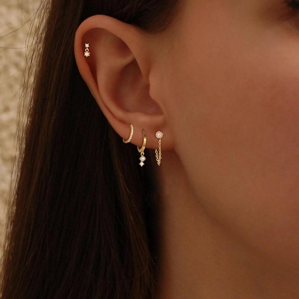 Triple Huggie Stacked Earrings for Women Gold Chain Drop Dangle Earrings Cute Statement CZ Earrings Trendy Dainty Jewelry Gift