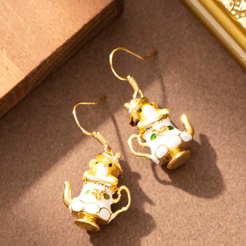 European and American fashion exquisite oil drop enamel glaze teacup chipmunk earrings women's high sense versatile personalized earrings
