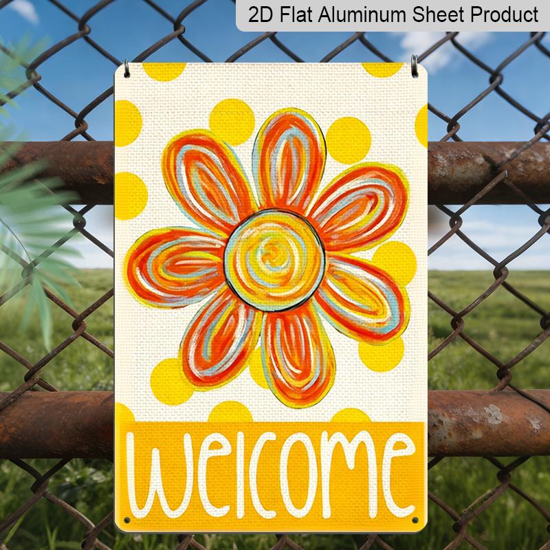 2D Flat, 1pc Colorful "Welcome" Flower Metal Wall Art Sign - 8*12 Inch Aluminium Boho Floral Decor, Polka Dot Orange Flower Plaque, Perfect for