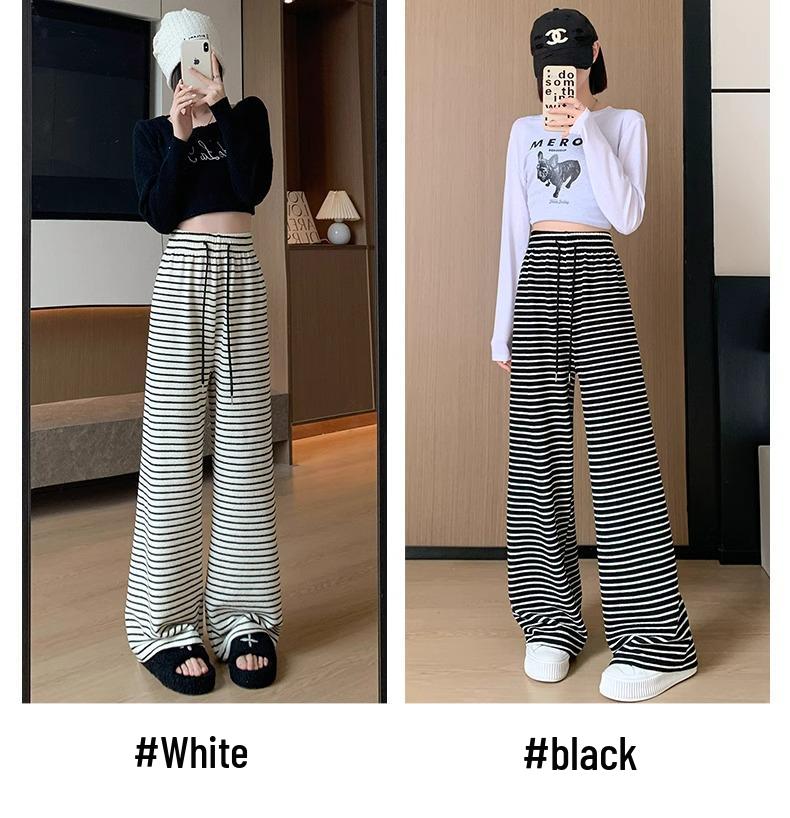 150cm High-Waisted Black & White Striped Wide-Leg Petite Women's Pants for Autumn/Winter