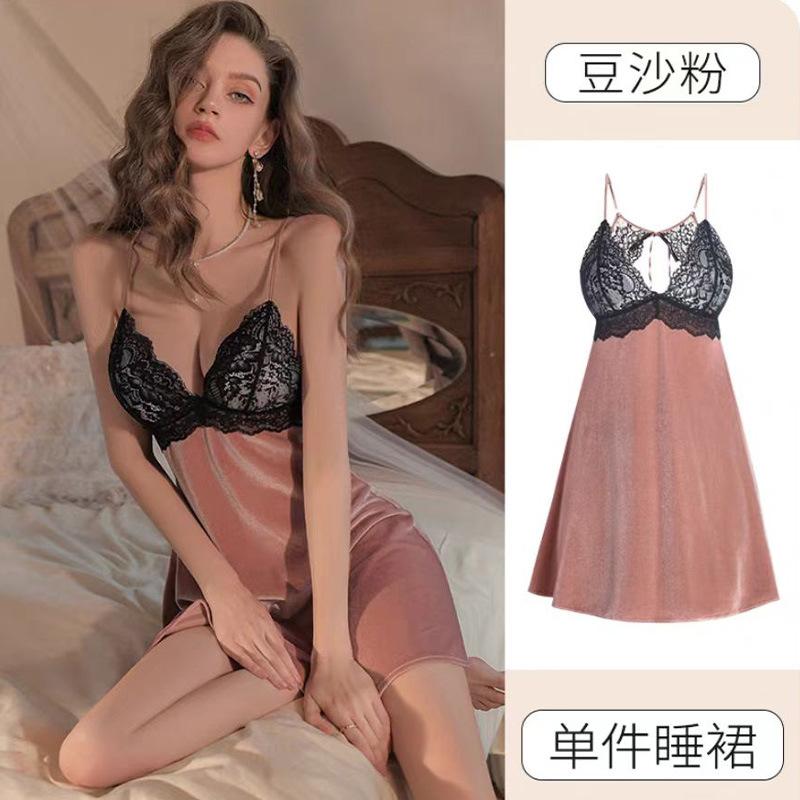Sexy velvet pajamas deep V velvet women's nightgown lace splicing suspenders chest pad girl pure desire loungewear