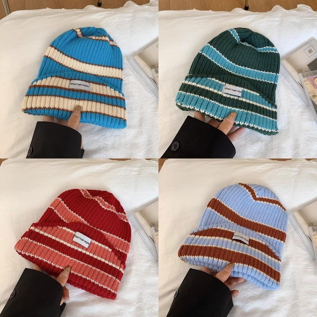 Hat Style Versatile Minimalist Retro Stripes Womens Warm Hatsbeanie Knitted