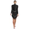 Womens Latin Dance Dress Mock Neck Long Sleeve Irregular Hem Shiny Rhinestones Tassel Performance Costume