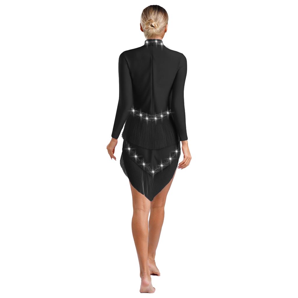 Womens Latin Dance Dress Mock Neck Long Sleeve Irregular Hem Shiny Rhinestones Tassel Performance Costume