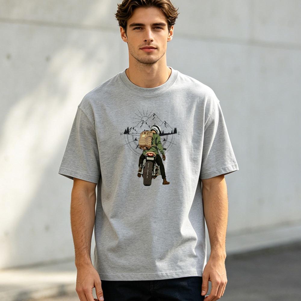Mountain Compass Adventure Motorcycle RiderunisexSummer Cotton T Shirt Outdoor Biker Retro Graphic Short Sleeve Apparel