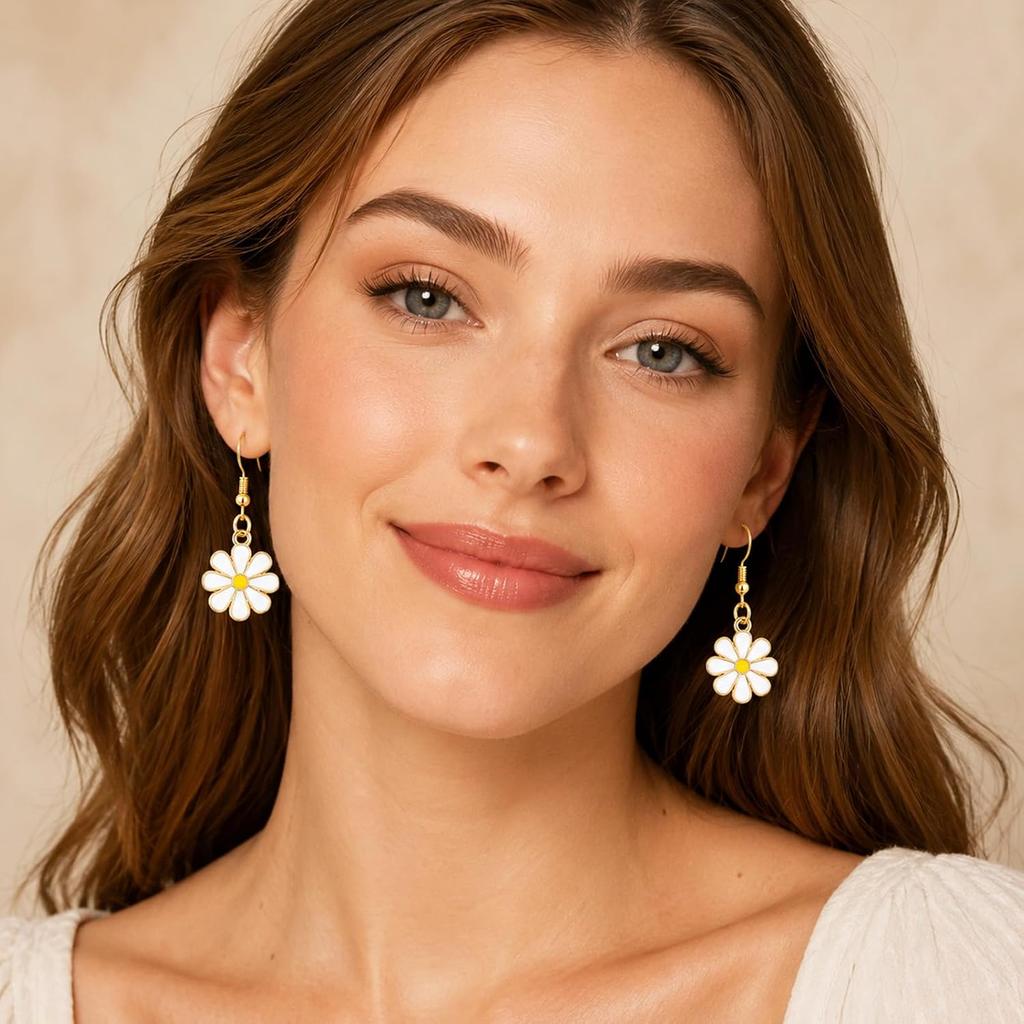 Daisy Flower Earrings for Women Daisy Flower Dangle Earring Cute Daisies Small Dangle Drop Earrings Sunflower Earring Gold-Tone Minimal Vintage
