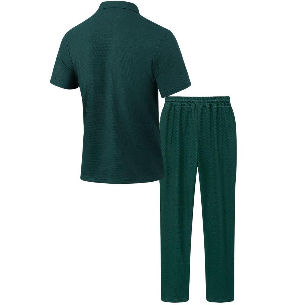 Men's Solid Color Button Pocket Short Sleeve Shirt and Long Pants Two-Piece Set - Summer 2025 Collection