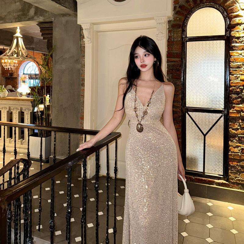 Sexy Collar Suspender Dress Women s Summer Waist Temperament Sequined Skirt High-end Evening Dress Mopping Dress S золотой