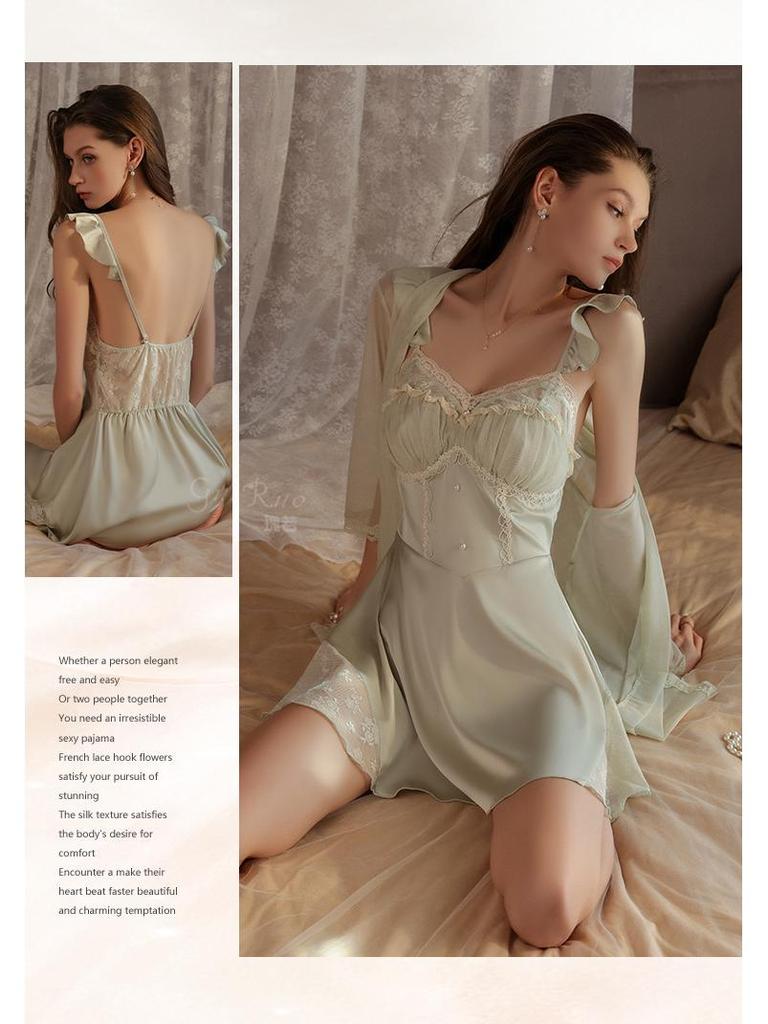 Plus Size Backless Ice Silk Push-Up Camisole Nightgown Robe Set