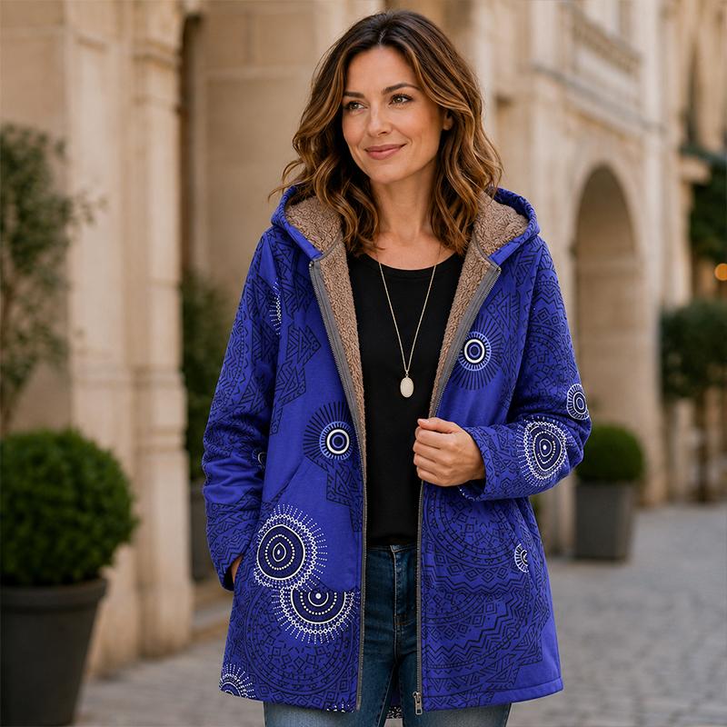 Women Bohemian Printed Hooded Coat, Fleece Lined Zip‑Up Mid‑Length Jacket, Ethnic Mandala Pattern Warm Outerwear with Pockets for Ladies