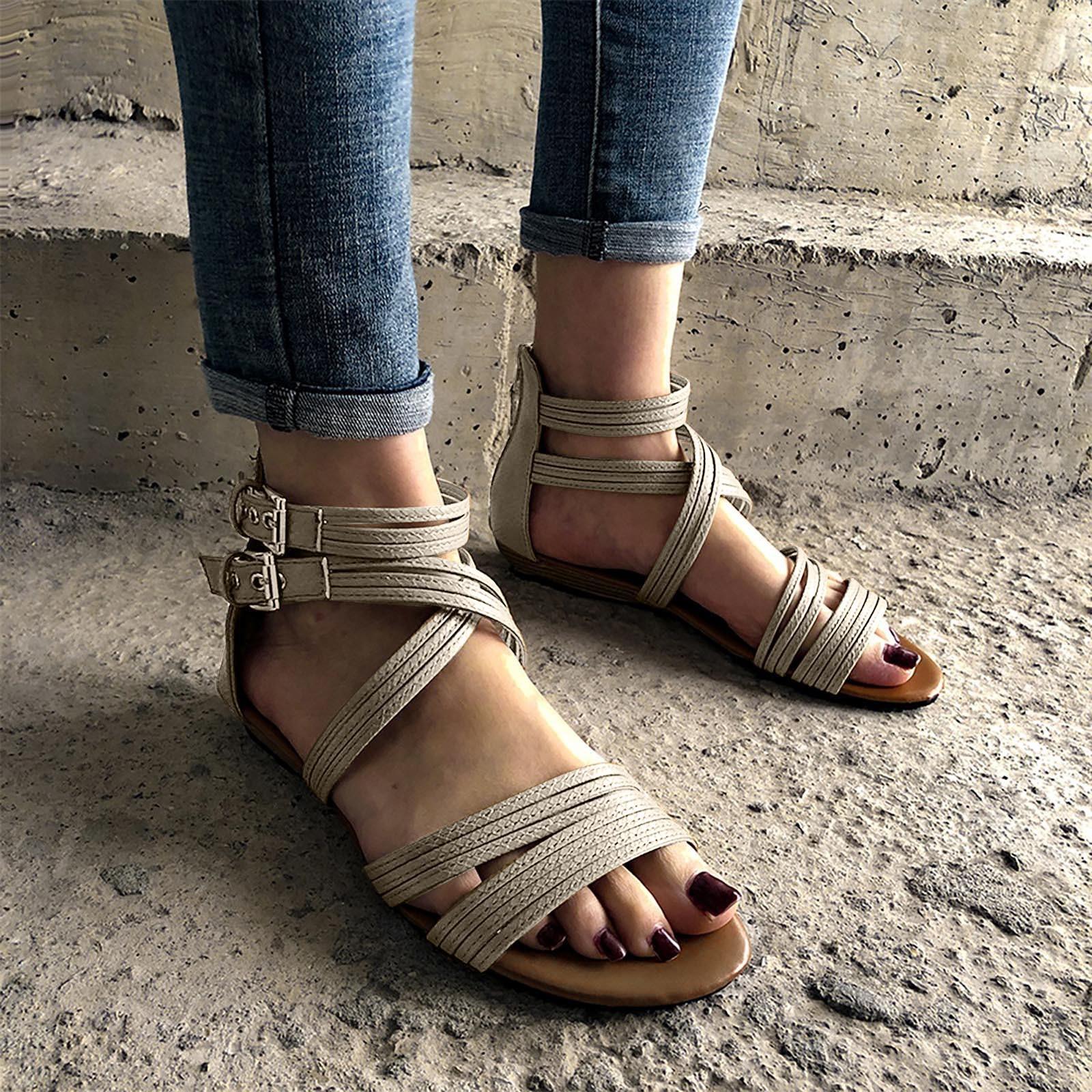 

Женские летние тапочки большого размера на плоской подошве с пряжкой и молнией, римские сандалии, обувь 42 хаки