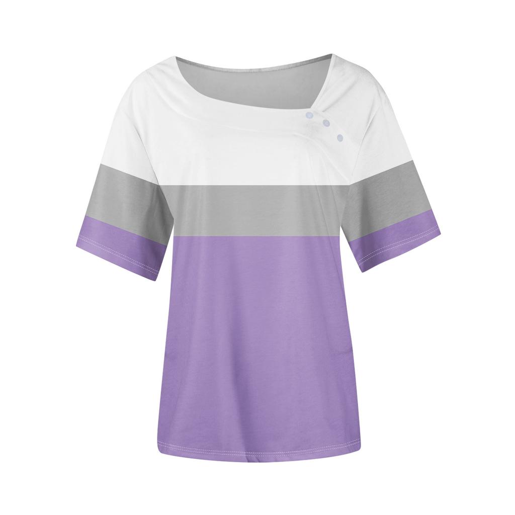 Women's Casual Printed Asymmetric Neck Short Sleeve Decorative Button T-Shirt Top