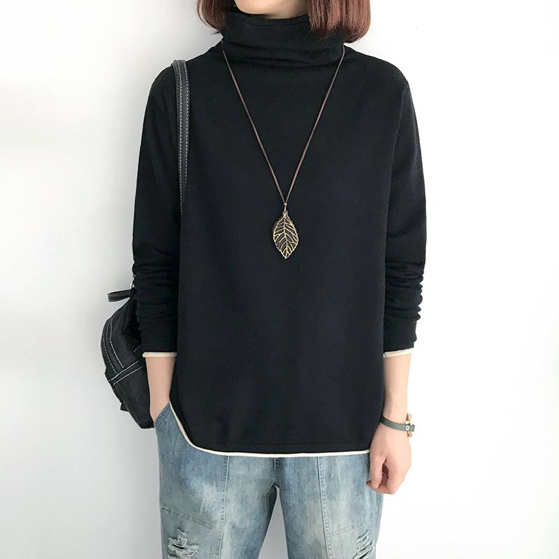 Autumn and Winter turtleneck Bottom Middle Aged Women's Fashion Solid Color Patchwork Long Sleeve Standard Pullover T-shirt Tops
