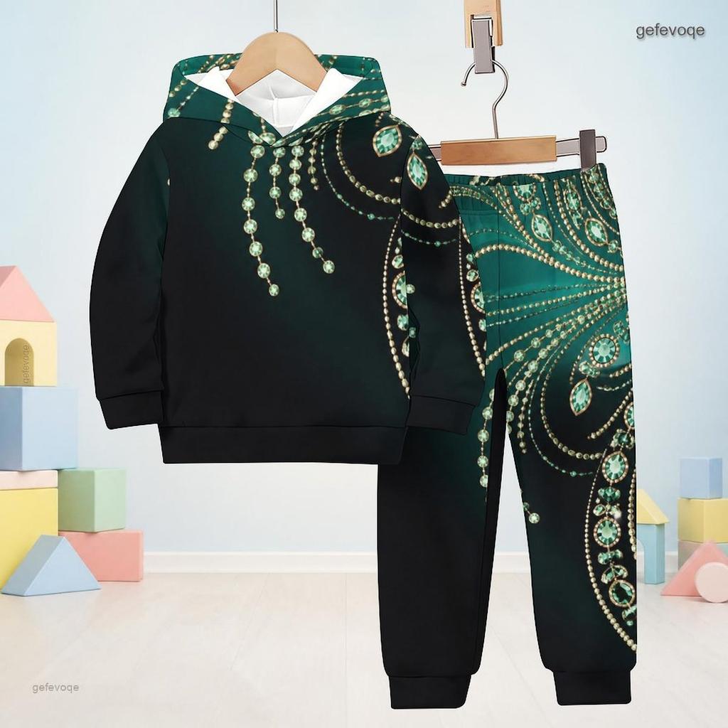 Kids Boys Girls Hooded Long Sleeve Printed Two Piece Set Black Gold Sweatshirt Cuffed Pants