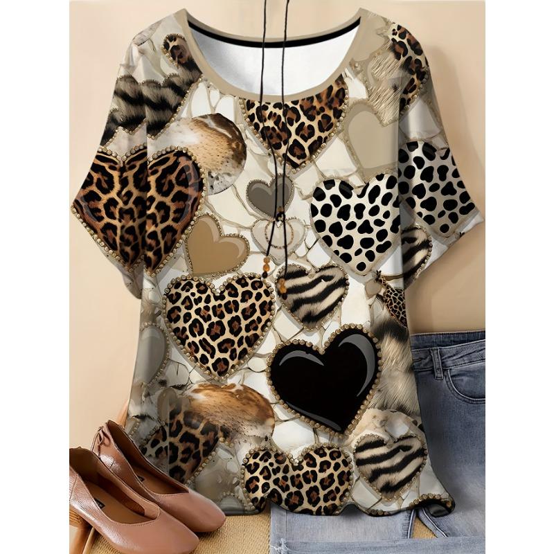 

A Large Size Women s T-shirt Print with Heart Leopard Print, Round Neck Short-sleeved Summer Top S