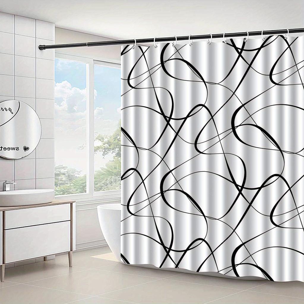 1Pc Minimalist Abstract Geometric Patterned Shower Curtain, Machine Washable Polyester, Suitable For Bathroom Dcor.