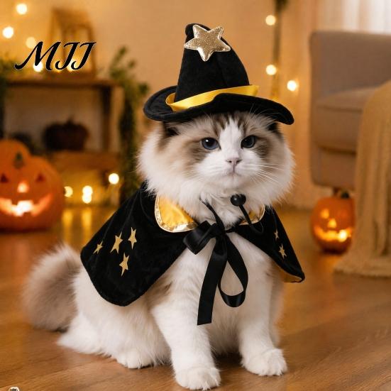 Pet Halloween Costume 1 Set Cat Witch Costume, Black Cape And Wizard Hat, Moon Hat with Strap Star Cloak Pointed for Cats Small Medium Dogs