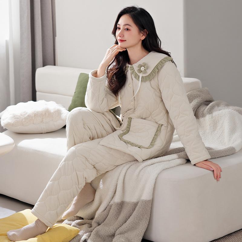 Three-Layer Padded Pajamas Women'S Autumn And Winter Coral Fleece Thickened Fleece Warm Super Thick Padded Jacket Flannel Loungewear