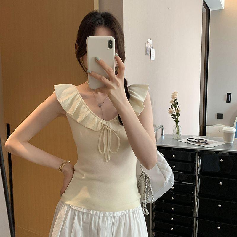 Chic Ruffle Edge Lace-up Vest Knitted Sweater Women's Summer Sweet Wind Slim and Thin Temperament Sleeveless Top