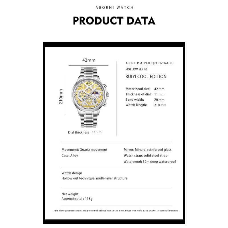 ABORNI Brand Fashion Moon Phase Quartz Watch for Men Luxury Chronograph Watches Mens Stainless Steel Waterproof Luminous Watches