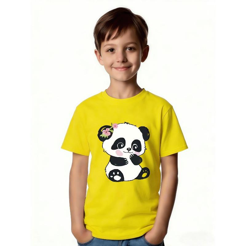 European sizes Cute Cartoon Style Panda T-Shirt - Featuring Pink Flower Decorations, Black Background Design, Suitable for Summer Casual Wear