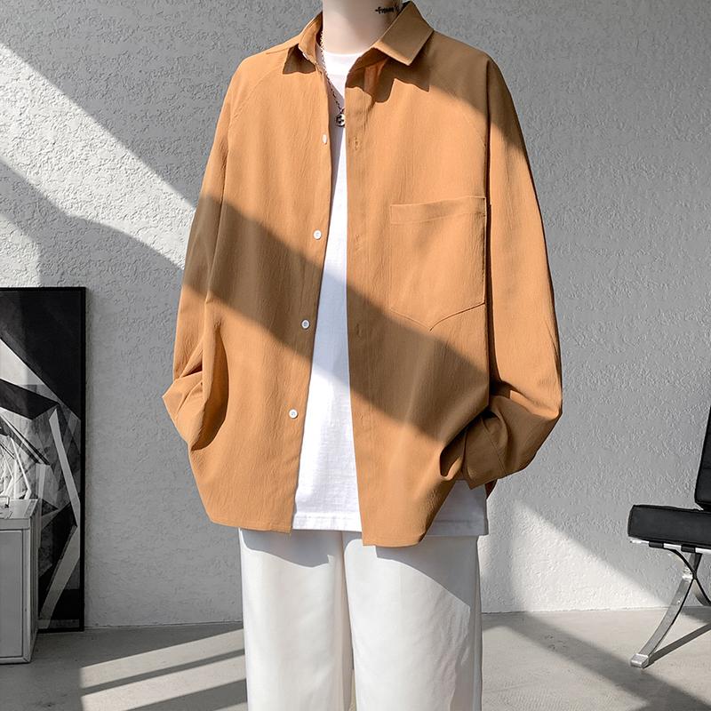 2025 Herbst Herren Retro Einfarbiges Hemd Herren Japanisches Harajuku Casual Hemd Herren Umlegekragen Button-Up Hemd Vintage Oberteile