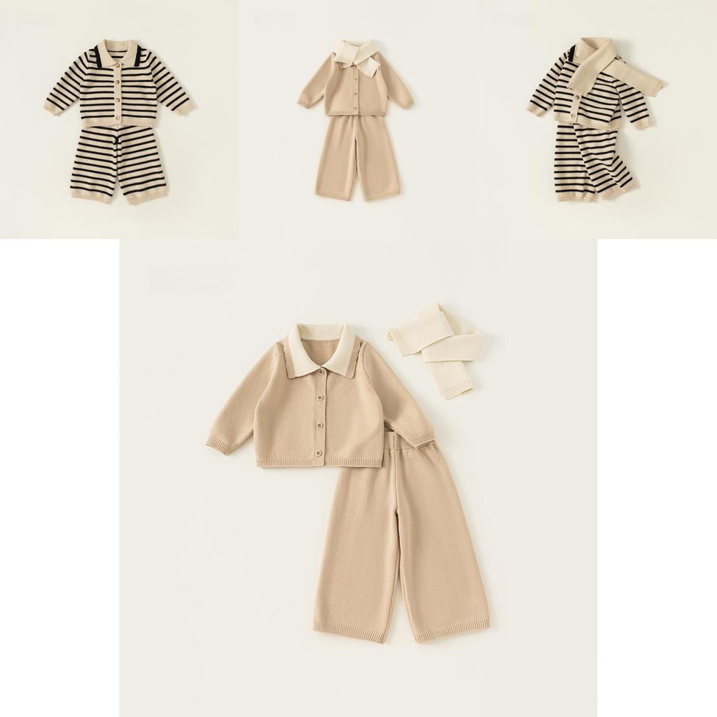 Childrens Striped Knit Threepiece Set With Long Sleeve Pants For Toddler Girls