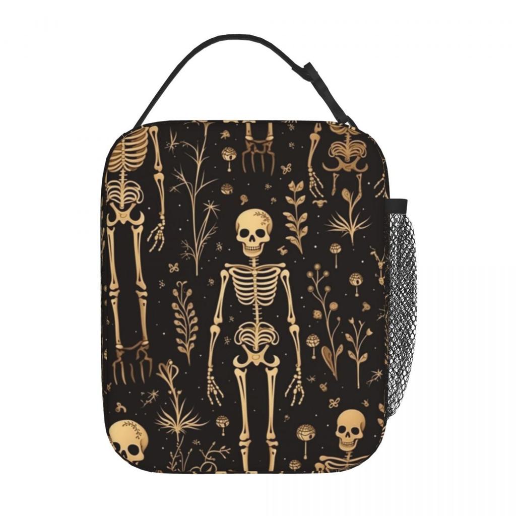 Black Skull Skeleton And Flower Insulated Lunch Bag for Women Kids Leakproof Food Boxes Thermal Lunch Box Tote
