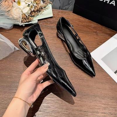 Cutout Low Heel Single Shoes Women's Pointed Toe Shallow Mouth One Strap Non-Slip Wear-Resistant Block Heel Shoes