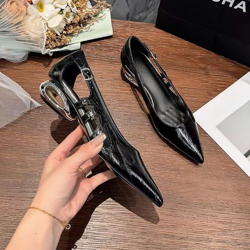 Cutout Low Heel Single Shoes Women's Pointed Toe Shallow Mouth One Strap Non-Slip Wear-Resistant Block Heel Shoes