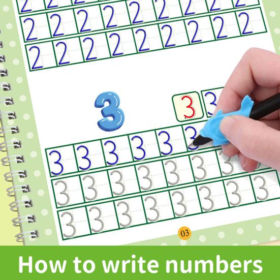 4Pcs Writing Exercise Book Practice Copybook Handwriting Workbook Kit with Letters Numbers English Grooved Learning Activity Workbook for Kids