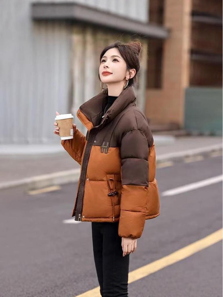 Women's 2025 Winter Fashion Slim Color Block Cotton Coat - Small Size, Thick, and Warm