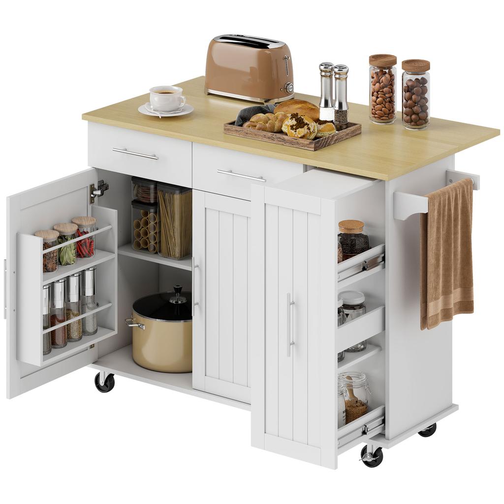 Kitchen Island, Fold-Down Countertop, Casters, 2 Drawers, Soft-Close Doors, Towel Rack, White