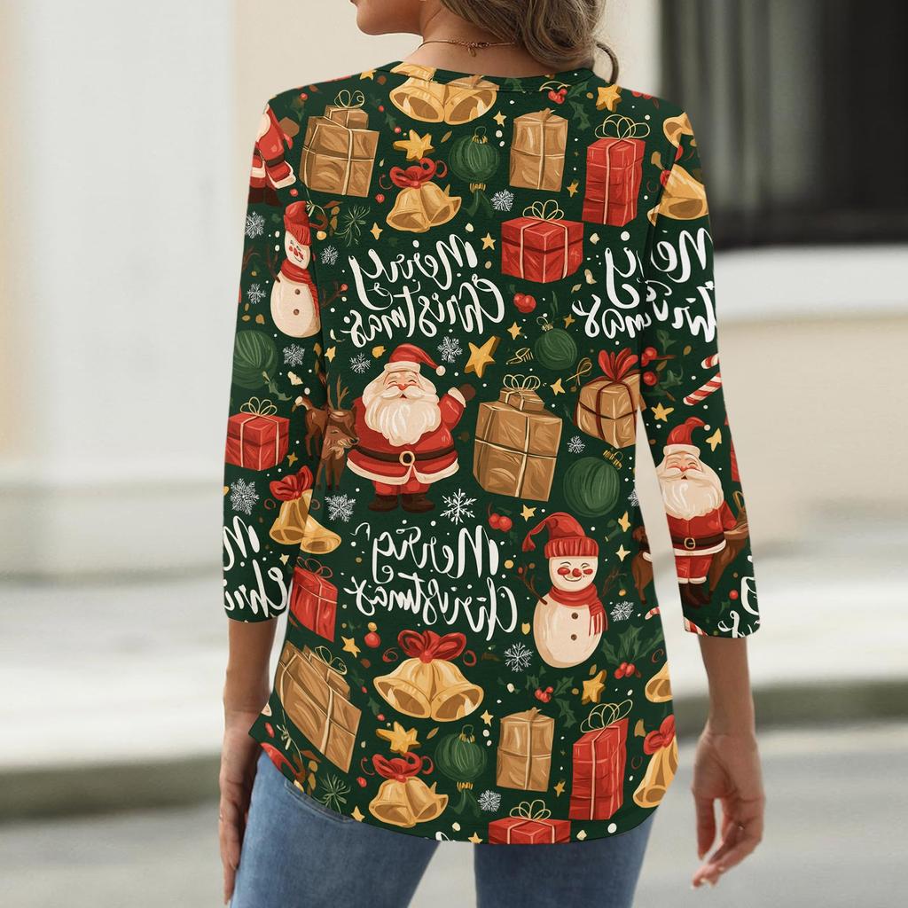 Women's Fashion Casual Christmas Print V-Neck Button Three-Quarter Sleeve T-Shirt Blouse