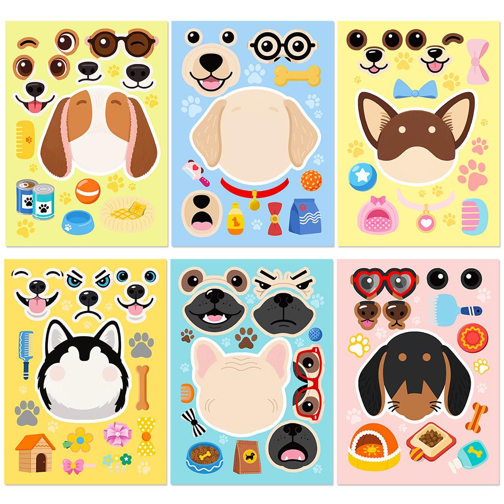 6/12sheets Cute Dogs Make a Face Puzzle Stickers Kawaii Animal Graffiti Decals DIY Assemble Jigsaw Education Reward Sticker Toy