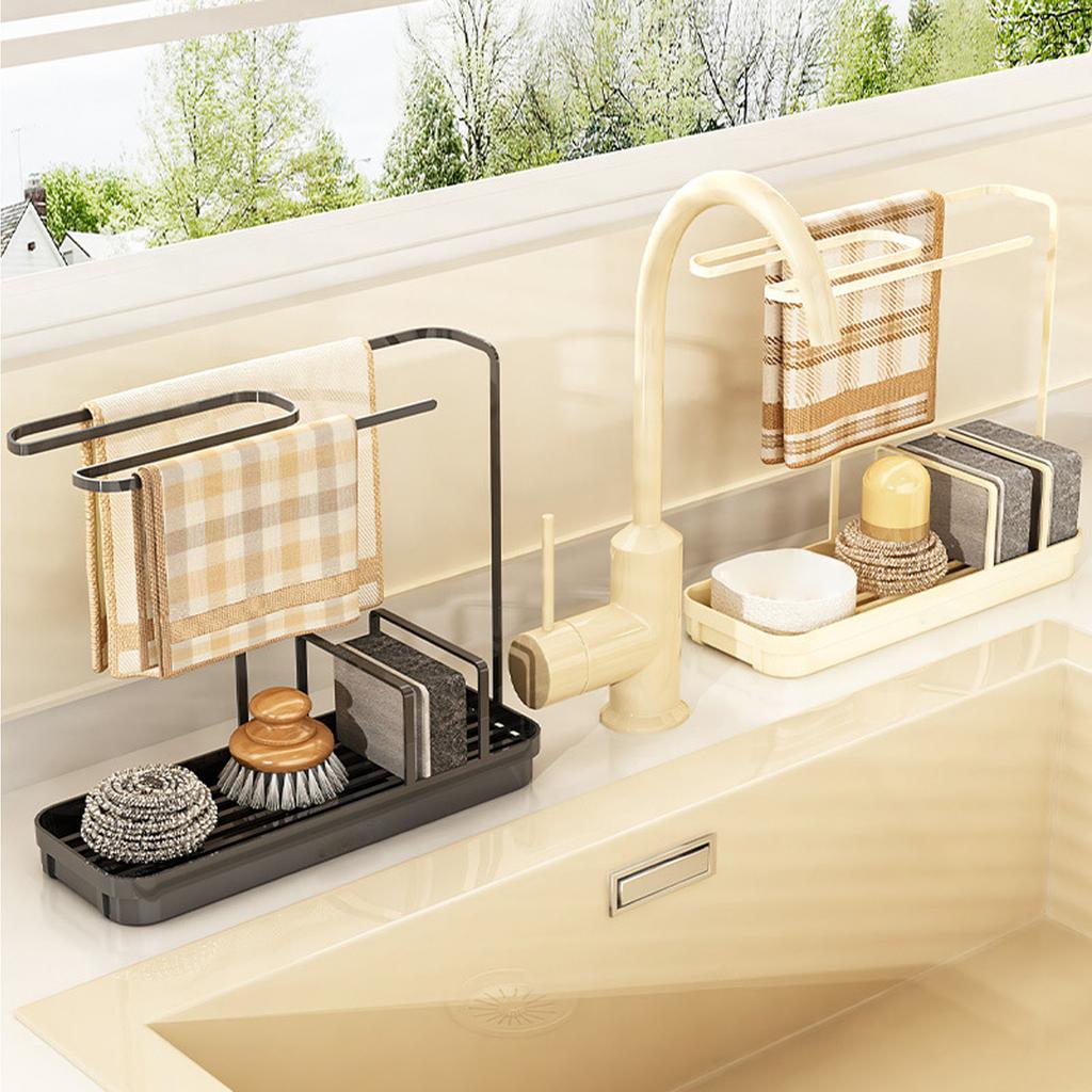 Kitchen Sink Multifunctional Metal Sponge Soap Brush Storage Rack with Towel Holder