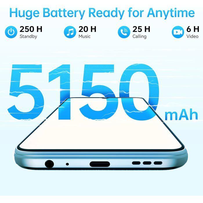 OUKITEL C33 Smartphone Pas Cher 15Go+256Go Telephone Portable Caméra 50MP 6.8" HD+ 5150mAh Smartphone Dual SIM/Face ID/GPS, Bleu