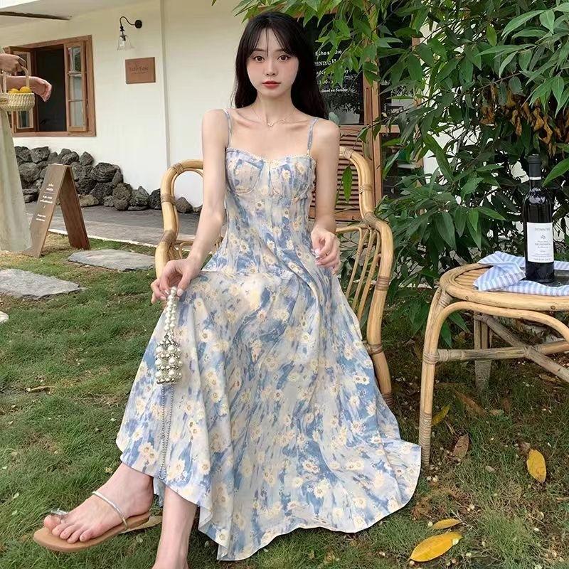 French blue oil painting long dress seaside vacation beach dress floral suspender dress women's spring high-end women's clothing