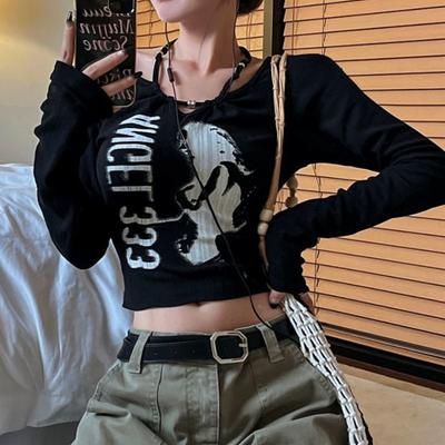Grunge Y2k Women's T-shirt Vintage Printed O-Neck Patchwork Slim Long Sleeve Top Kpop Fashion Graphic T Shirt Streetwear