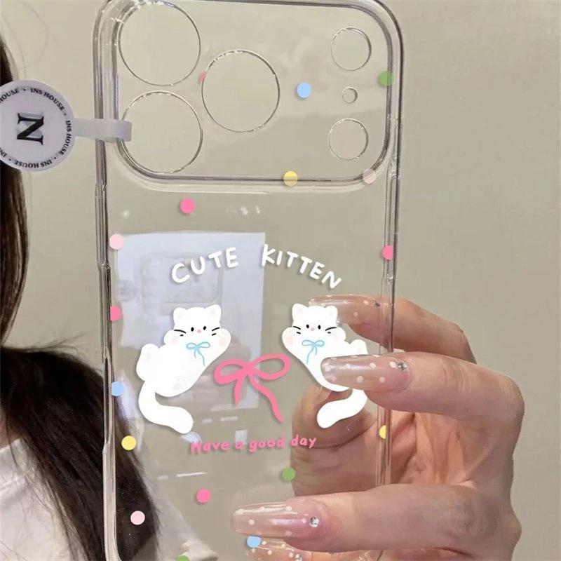 Cute polka dot bow cat suitable for Apple 17Promax mobile phone case IP16/15Pro transparent space case