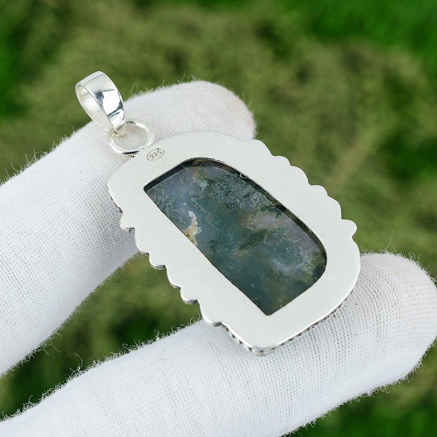Gift For Her 925 Sterling Silver Natural Solar Moss Agate Gemstone Pendant