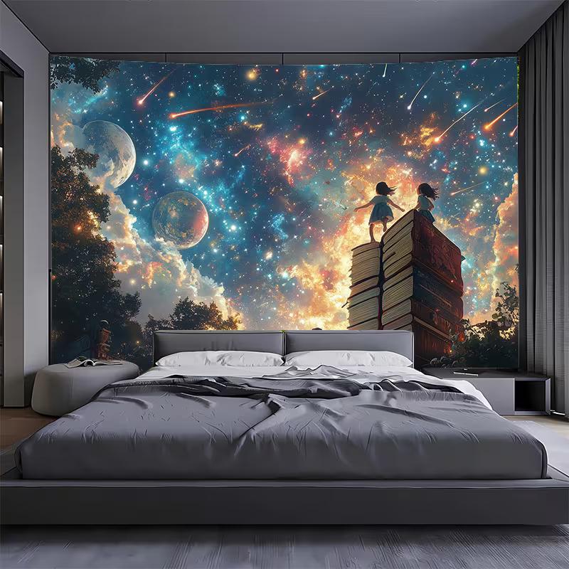 Magical Reading 2D Backdrop, Cosmic Sky & Bookstack Photo Background