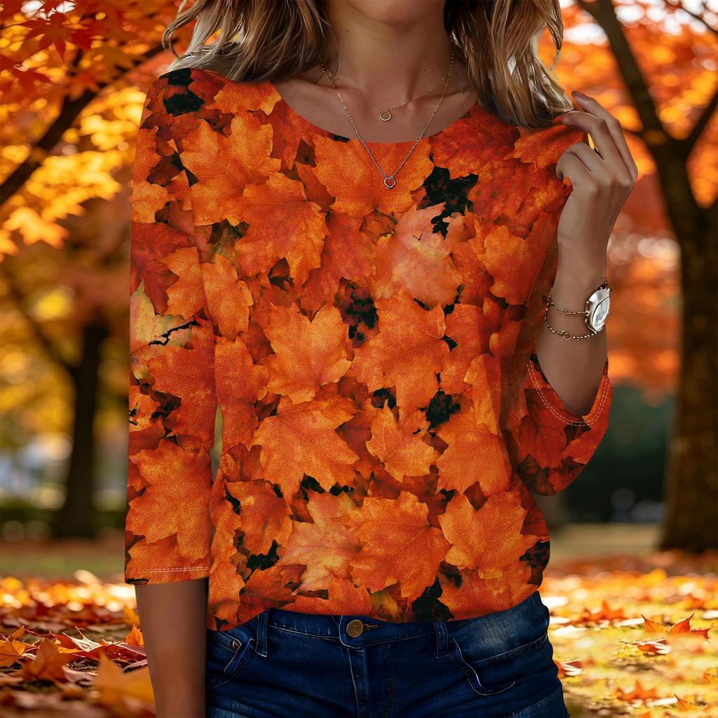 Women's Fashion Casual Three-Quarter Sleeve Round Neck Top with Leaf Print