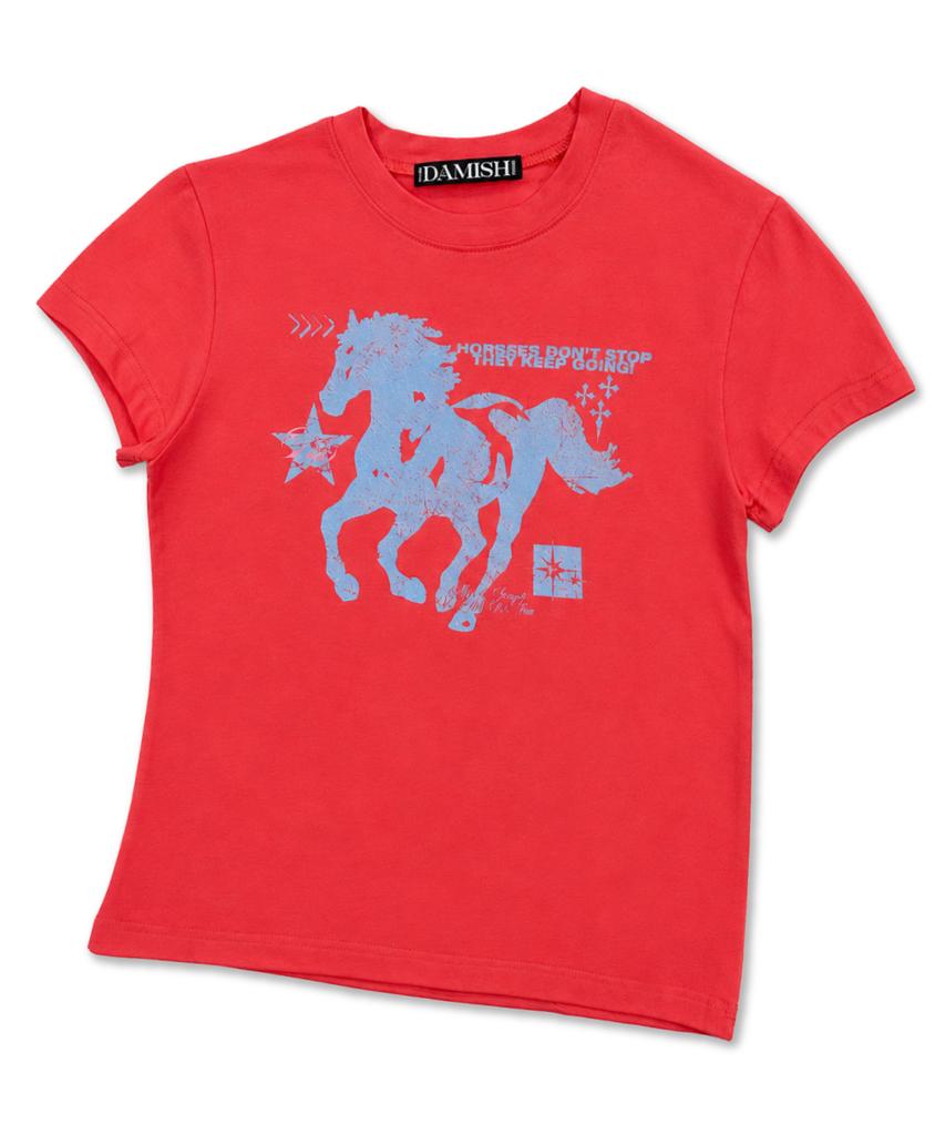 Damiswi Horse Graphic Pastel Slim T-Shirt_Red