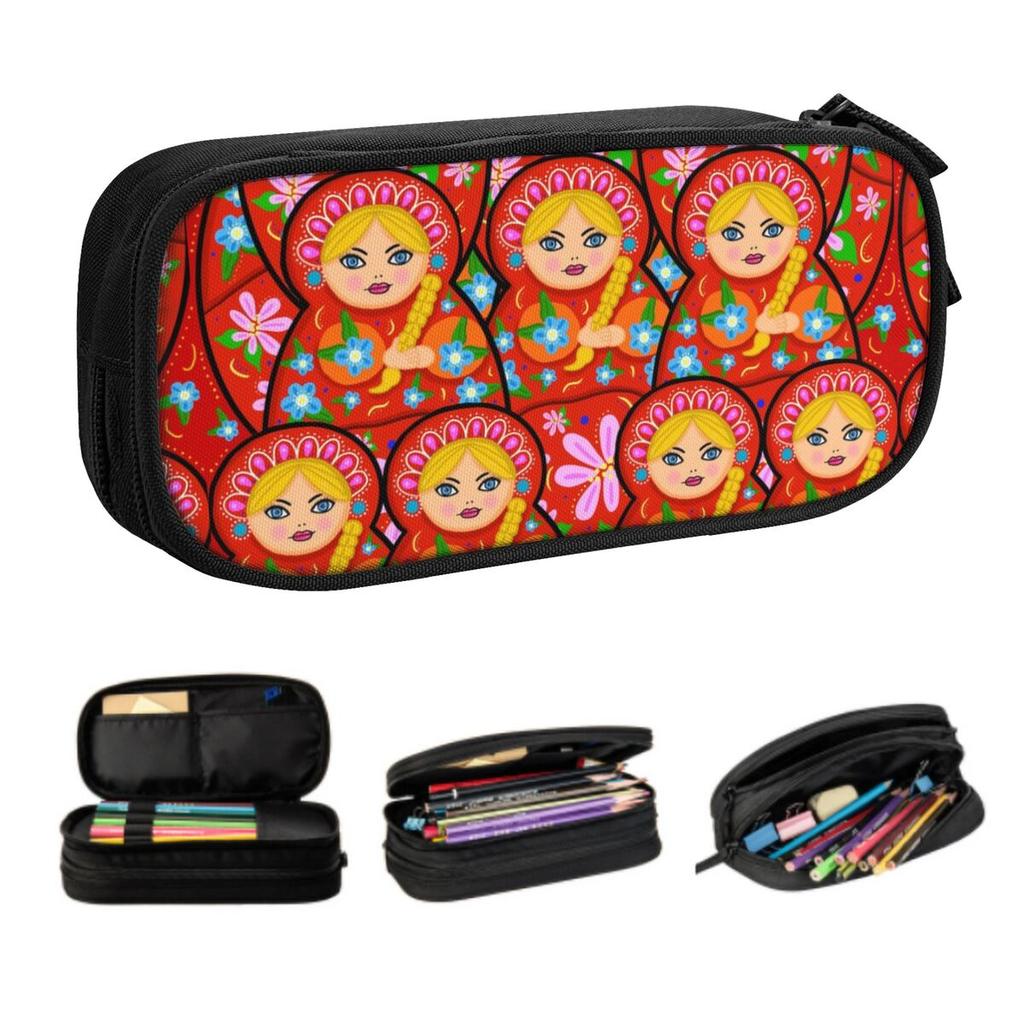 Custom Russian Doll Matryoshka Pencil Case for Boys Gilrs Large Capacity Russia Folk Art Babushka Pattern Pen Box Bag Stationery