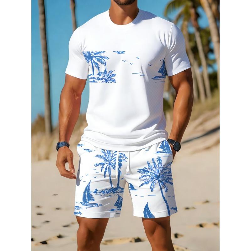 Traje deportivo casual transpirable para exteriores y ocio, traje de camiseta de cuello redondo y pantalones cortos para hombre, traje de verano con estampado digital para hombres y adultos