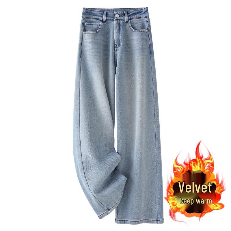 

2024 Women s Retro Light Winter Fleece Jeans: Loose Wide-Leg Straight Pants S
