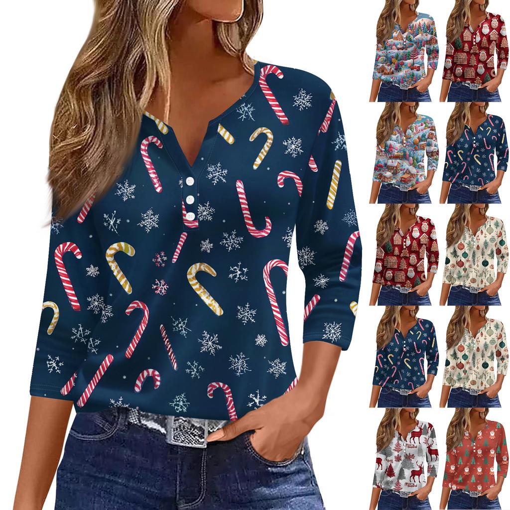 Women's Casual Fashion V-neck Loose Versatile Christmas Print Three-quarter Sleeve Top