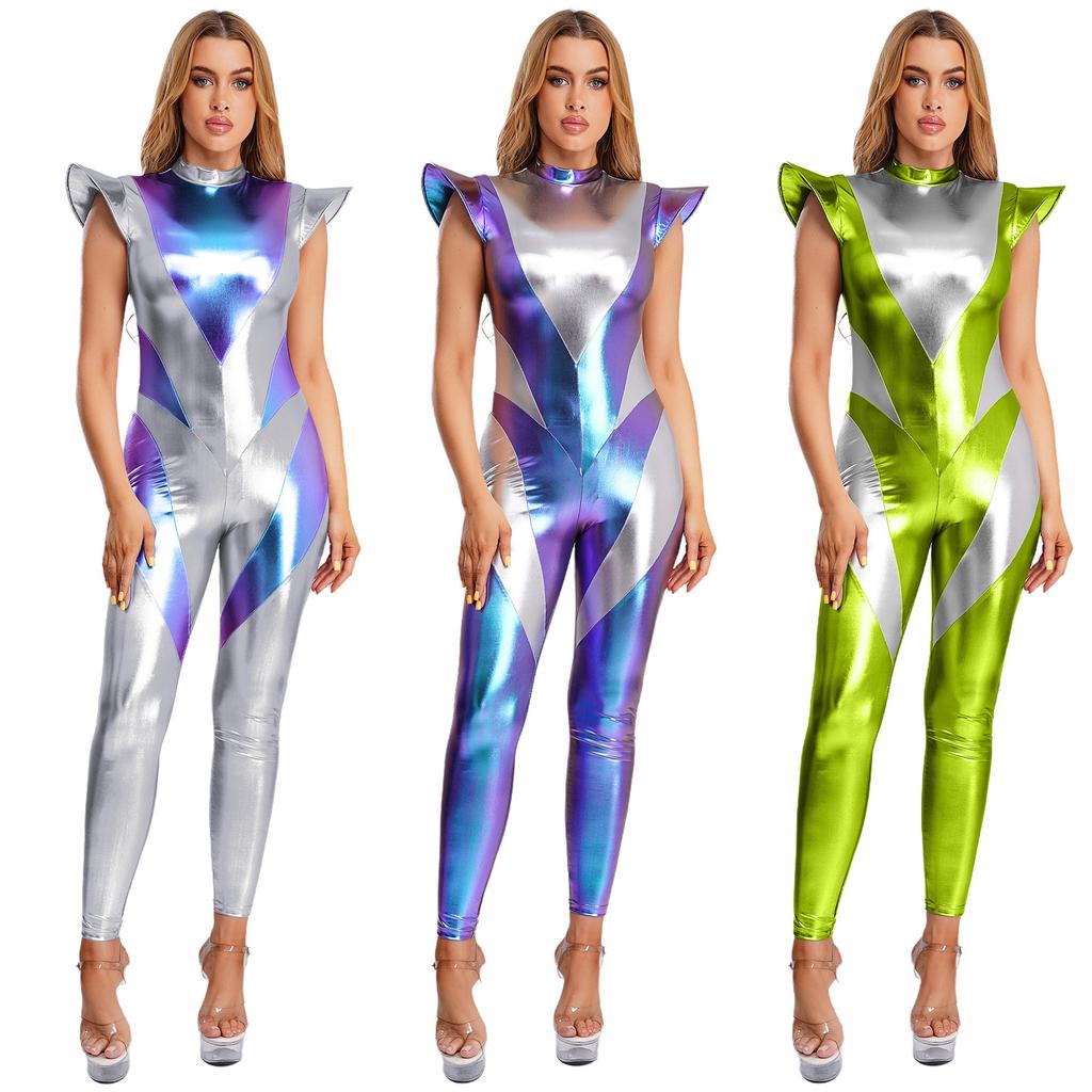 Macacão Alien Metálico Iridescente Feminino Manga Voadora Calças Compridas Unitard Traje Cosplay Espacial